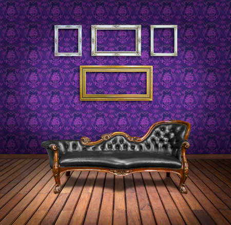 vintage luxury armchair and frame in purple wallpaper room