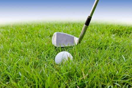 golf ball and iron on tall grassの写真素材