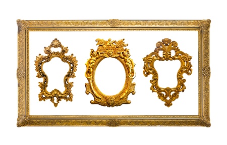 collection of golden sculpture frame isolatedの写真素材