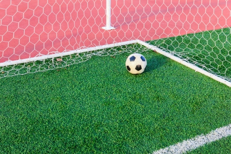 soccer ball on green grass in goal netの写真素材