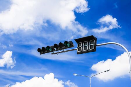 red traffic light against blue sky