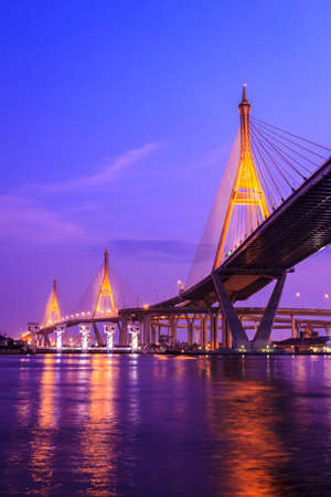 Bhumibol huge industrial bridge at dusk in Samut Prakarn Bangkok, Thailand