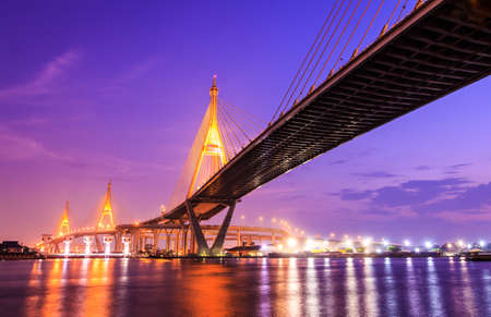 Bhumibol huge industrial bridge at dusk in Samut Prakarn Bangkok, Thailandの写真素材