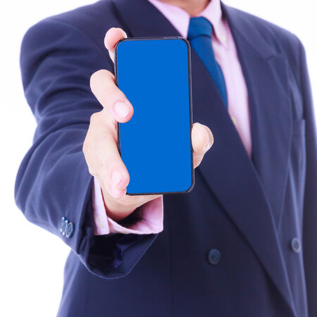 business man holding smart phone isolatedの写真素材