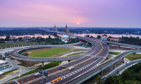 cable bridge and road street with sunsetの写真素材