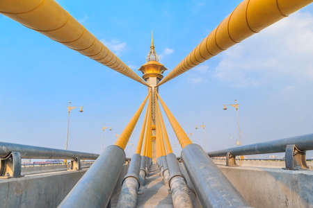 cable bridge with blue skyの写真素材