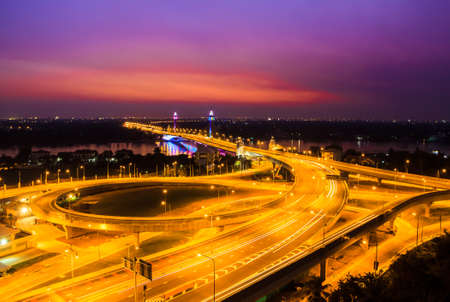 cable bridge and road street at duskの写真素材