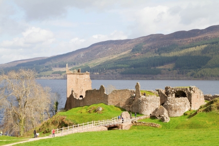 Landscape Ruins of Urquhart Castle at Loch Ness Inverness Highlands, Scotland UK の写真素材