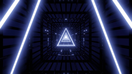 blue wireframe in dark tunnel with dark backgroundの写真素材