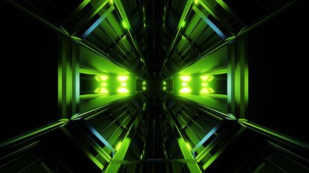 dark black space tunnel with green glowing artefact 3d renderingの写真素材