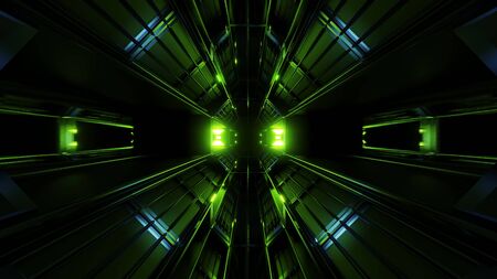 dark black space tunnel with green glowing artefact 3d renderingの写真素材