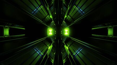 dark black space tunnel with blue glowing artefact 3d renderingの写真素材