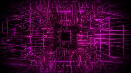 purple magenta wireframe visual design background 3d renderingの写真素材