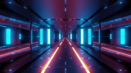 futuristic space sci-fi tunnel with hot metal 3d rendering wallpaper backgroundsの写真素材