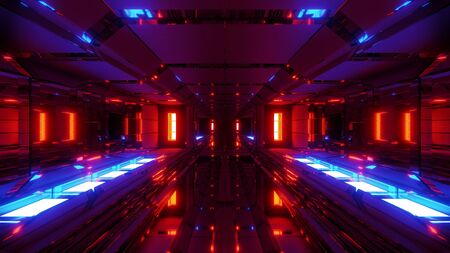 futuristic space hangar tunnel corridor with cool reflections and glass bottom 3d rendering wallpaper backgroundの写真素材