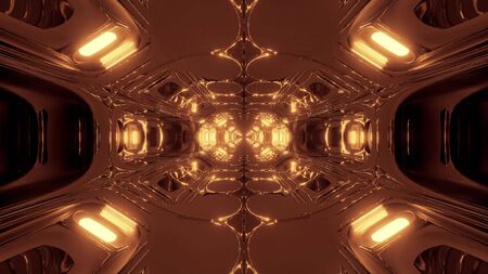 futuristic scifi metal hangar tunnel corridor with magic electric reflections 3d rendering background wallpaper, future sci-fi space ship building 3d illustrationの写真素材