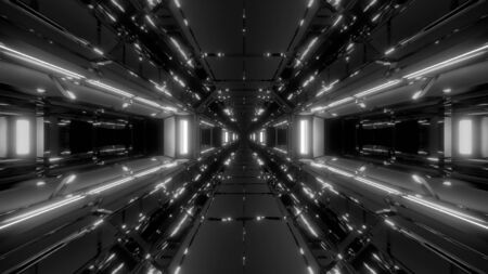 futuristic fantasy scifi space galaxy tunnel corridor with glass windows 3d illustration wallpaper background designの写真素材