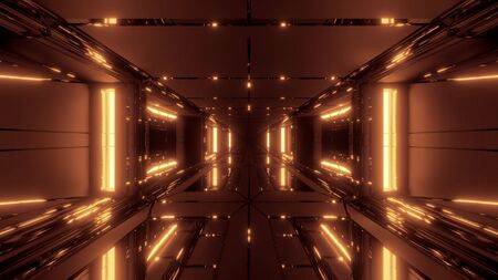 futuristic scifi space hangar tunnel corridor with glass bottom and windows 3d illustration wallpaper background design, colorful sci-fi fantasy 3d rendering art roomの写真素材
