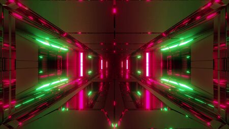 futuristic scifi space hangar tunnel corridor with glass bottom and windows 3d illustration wallpaper background design, colorful sci-fi fantasy 3d rendering art roomの写真素材