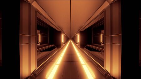 clean futuristic scifi space hangar tunnel corridor with hot glowing metal 3d illustration background wallpaper design, stylish sci-fi art room 3d rendering with glowing lightsの写真素材
