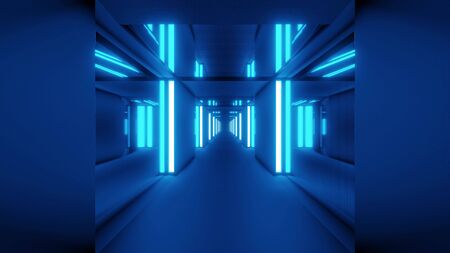 clean blue tunnel corridor with glass windows 3d illustration background wallpaper design, stylish art room 3d rendering with glowing lightsの写真素材