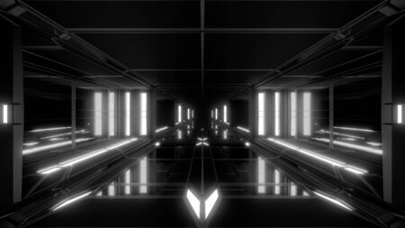 clean futuristic scifi space hangar tunnel corridor with glass windows 3d illustration background wallpaper designの写真素材