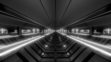 cool futuristic space scifi hangar tunnel corridor with holy glowing christian cross 3d illustration...