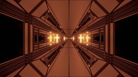 clean futuristic scifi fantasy space hangar tunnel corridor with holy christian glowing cross 3d illustration wallpaper background, future sci-fi building room with religion christus symbol 3d rendering designの写真素材