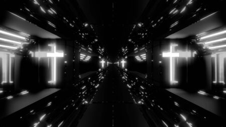 futuristic scifi fantasy tunnel with holy christian glowing cross 3d illustration wallpaper background, future sci-fi building room with religion christus symbol 3d rendering designの写真素材