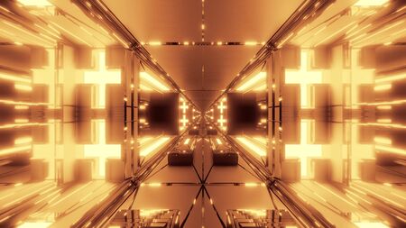futuristic sci-fi space tunnel corridor with holy glowing christian crosses 3d illustration background wallpaper, future scifi hangar with religion symbol 3d rendering designのeditorial素材