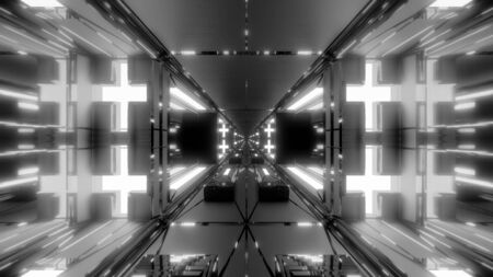 futuristic sci-fi space tunnel corridor with holy glowing christian crosses 3d illustration background wallpaper, future scifi hangar with religion symbol 3d rendering designのeditorial素材