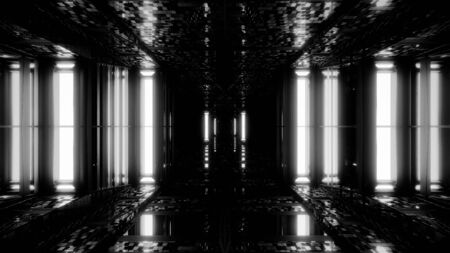 futuristic sci-fi space hangar tunnel corridor with reflective bricks texture 3d illustration background wallpaperの写真素材