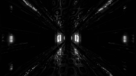 futuristic scifi space hangar tunnel corridor 3d illustration with abstract eye texture background...