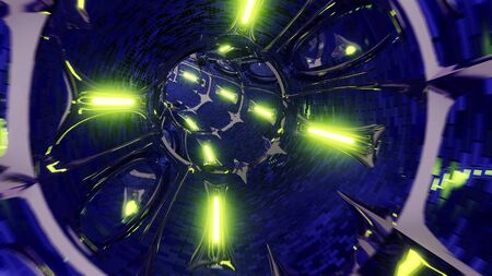 middle age fantasy dungeon tunnel corridor with glass windows and glowing lights 3d illustration background wallpaperの写真素材