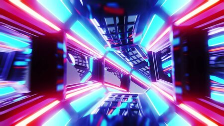 futuristic glass tunnel with glowing lights and reflections 3d rendering wallpaper backgroundの写真素材