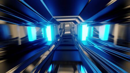 futuristic scifi space hangar tunnel corridor with glass windows 3d rendering background wallpaper,の写真素材