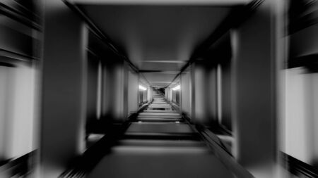 clean silver tunnel corridor with glowing lights 3d illustration background wallpaperの写真素材