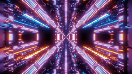 futuristic sci-fi space tunnel corridor with reflective bricks texture and endless lights 3d illustration background wallpaperの写真素材