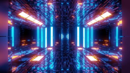 stylish scifi tunnel corridor with reflective bricks texture and glowing lights 3d illustration background wallpaperの写真素材