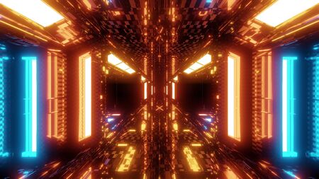 endless reflective textured tunnel corridor with glowing lights 3d illustration background wallpaper