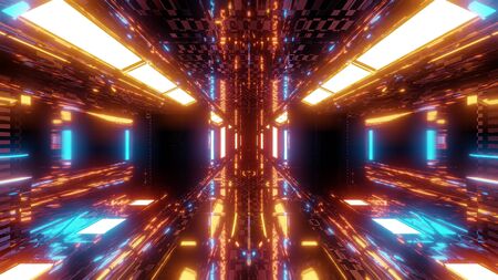 endless reflective textured tunnel corridor with glowing lights 3d illustration background wallpaper