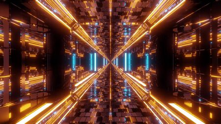 technical futuristic glass tunnel corriidor with metal bricks texture 3d illustration wallpaper backgroundの写真素材