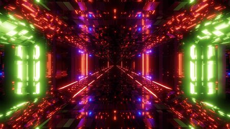 future scifi bricks textured hangar tunnel corridor with nice glowing lights and reflections 3d illustration wallpaper backgroundの写真素材
