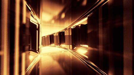 futuristic clean scifi glass tunnel corridor with glowing lights 3d illustration wallpaper background,の写真素材