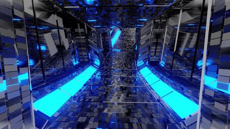 futuristic reflective sci-fi tunnel corridor with glowing lights and bricks texture 3d illustration...