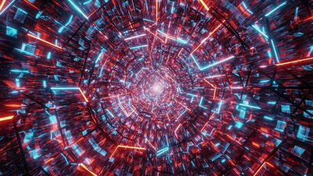 glowing wireframe glass tunnel corridor design 3d illustration wallpaper background, nice reflection 3d rendering artの写真素材