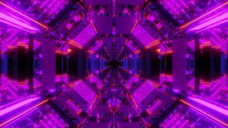 futuristic sci-fi tunnel corridor woth cool reflections and endless glowing lights 3d illustration background wallpaper, modern scifi metal hangar with glass windows 3d rendering designの写真素材