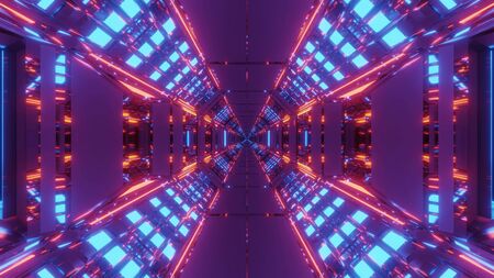 futuristic science-fiction hangar tunnel with endless glowing lights 3d rendering design background wallpaper, endless sci-fi space ship tunnel corridor indoor 3d illustration artwork graphicの写真素材