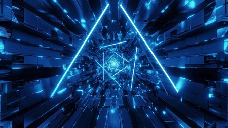 abstract glowing wireframe design graphic artworkwith technical tunnel corridor 3d illustration background wallpaper, glowing neon triangle 3d rendering art designの写真素材