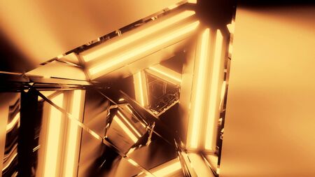 abstract 3d illustration background with abstract rotating metal triangle design with glowing...